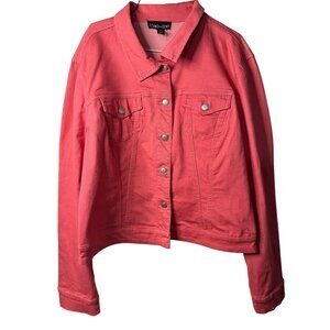 Mac and Me‎ Womens Large Pink Jacket Trucker Shacket Stretchy Denim Flap Pocket
